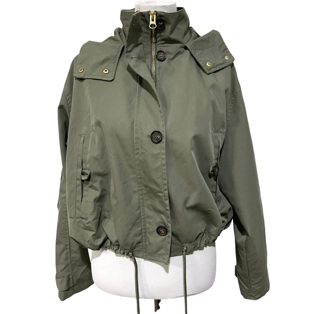 Womens Cropped Utility Jacket Sz M Cargo Coat Hood Pockets Green Adjustable H&M - Picture 2 of 9